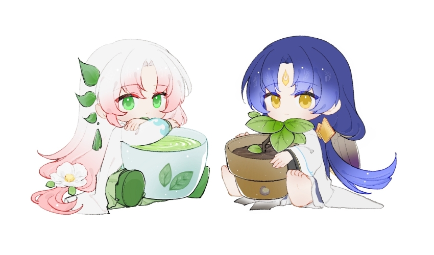 2boys, barefoot, blue_hair, brown_wings, camellia, chang_fu, chibi, chinese_clothes