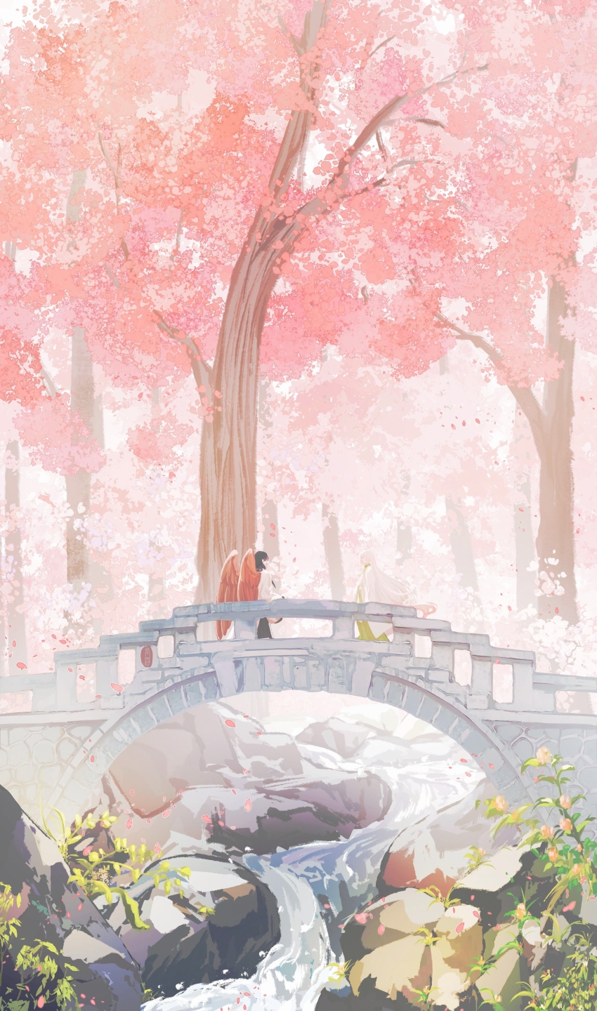 2boys, absurdres, arch_bridge, black_hair, bridge, brown_wings, chang_fu, cherry_blossoms
