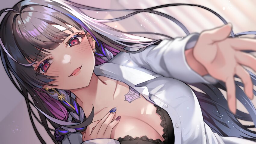 black_hair, blurry, breast_tattoo, breasts, cleavage, depth_of_field, ear_piercing, earrings, hand_on_own_chest, highres, jewelry, konkon_aria_(artist), large_breasts, long_hair, meloco_kyoran, nail_polish, nijisanji, nijisanji_en, outstretched_hand, piercing, purple_hair, reaching, reaching_towards_viewer, red_eyes, shirt, spider_web_tattoo, tattoo, virtual_youtuber, white_shirt