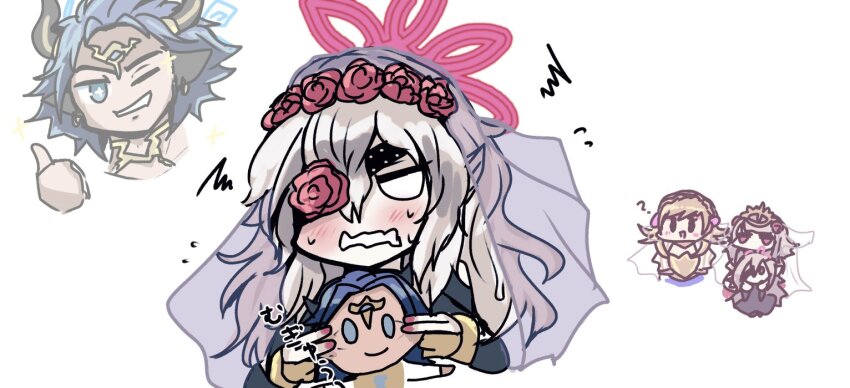 1boy, 3girls, ?, askr_(fire_emblem), blonde_hair, blue_eyes, blue_hair, blush