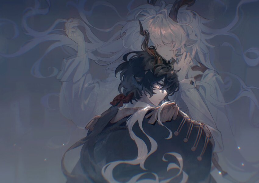 2boys, animal_ears, arknights, black_hair, black_jacket, chinese_commentary, closed_eyes, commentary_request