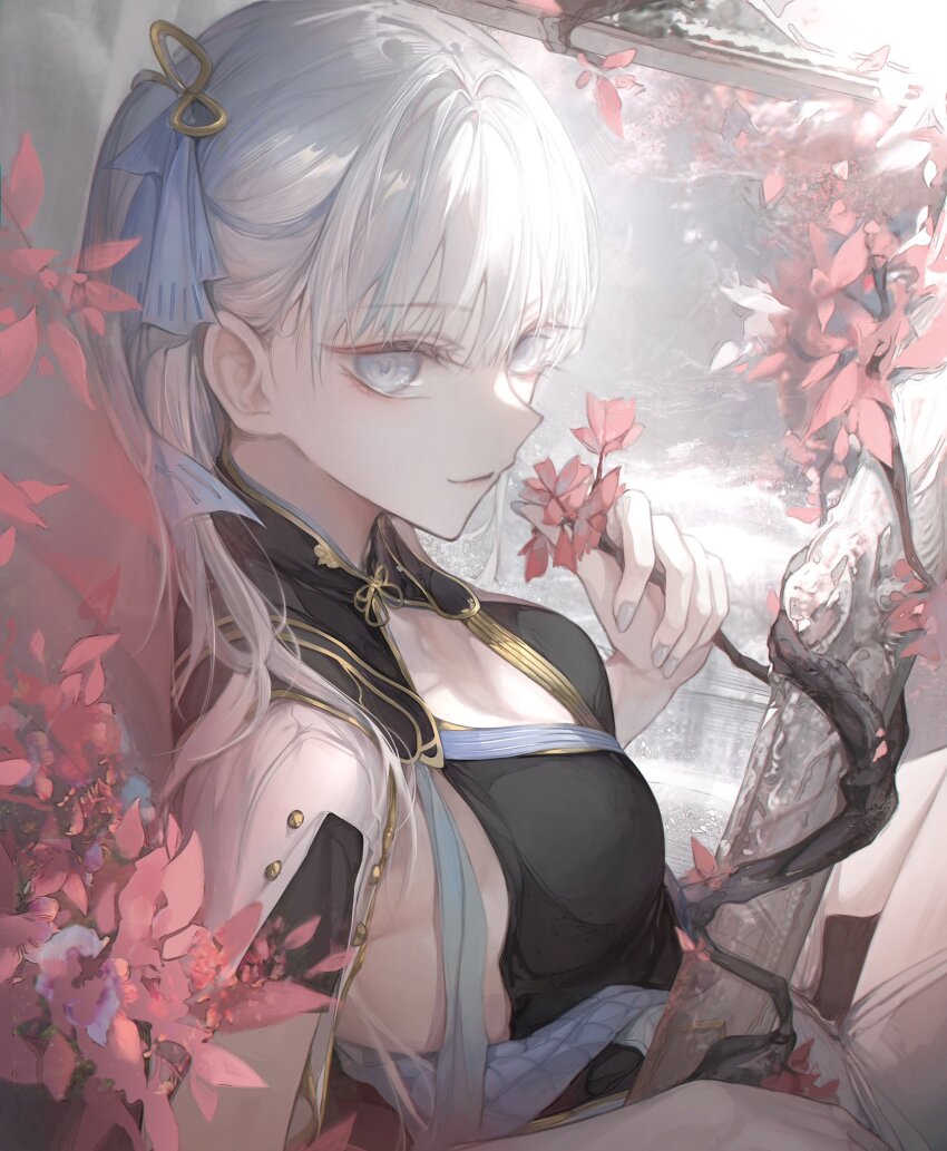 1girl, black_dress, bow, branch, breasts, cleavage, commentary, dress