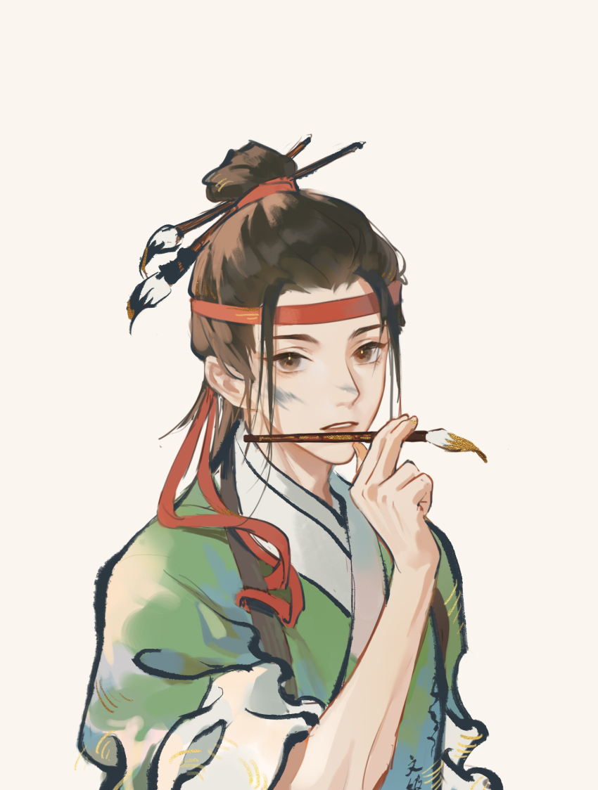 1boy, black_hair, brown_eyes, brown_hair, chinese_clothes, facepaint, hair_bun, hair_ornament