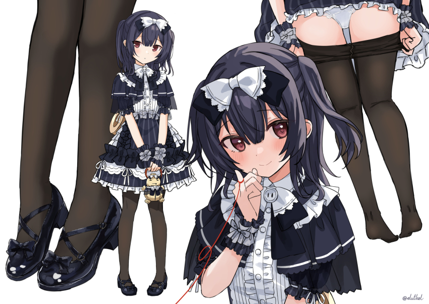 1girl, alternate_costume, ass, black_capelet, black_dress, black_footwear, black_hair, blush
