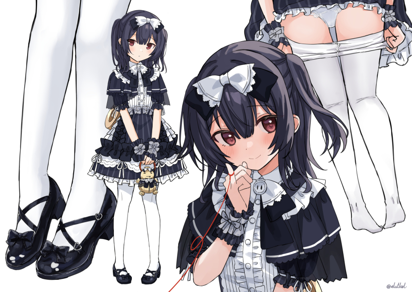 1girl, alternate_costume, ass, black_capelet, black_dress, black_footwear, black_hair, blush, bow, capelet, clothes_pull, dress, eluthel, finger_ribbon, flat_chest, frilled_cuffs, frilled_dress, frills, full_body, gothic_lolita, hair_between_eyes, hair_bow, high_heels, highres, holding, idolmaster, idolmaster_shiny_colors, lace, lace-trimmed_panties, lace_trim, lolita_fashion, long_hair, looking_at_viewer, mary_janes, morino_rinze, multiple_views, paid_reward_available, panties, pantyhose, pantyhose_pull, pinky_out, pulling_own_clothes, red_eyes, red_ribbon, ribbon, shoes, short_sleeves, simple_background, smile, standing, strappy_heels, string, string_of_fate, twintails, twitter_username, underwear, white_background, white_panties, white_pantyhose, wrist_cuffs