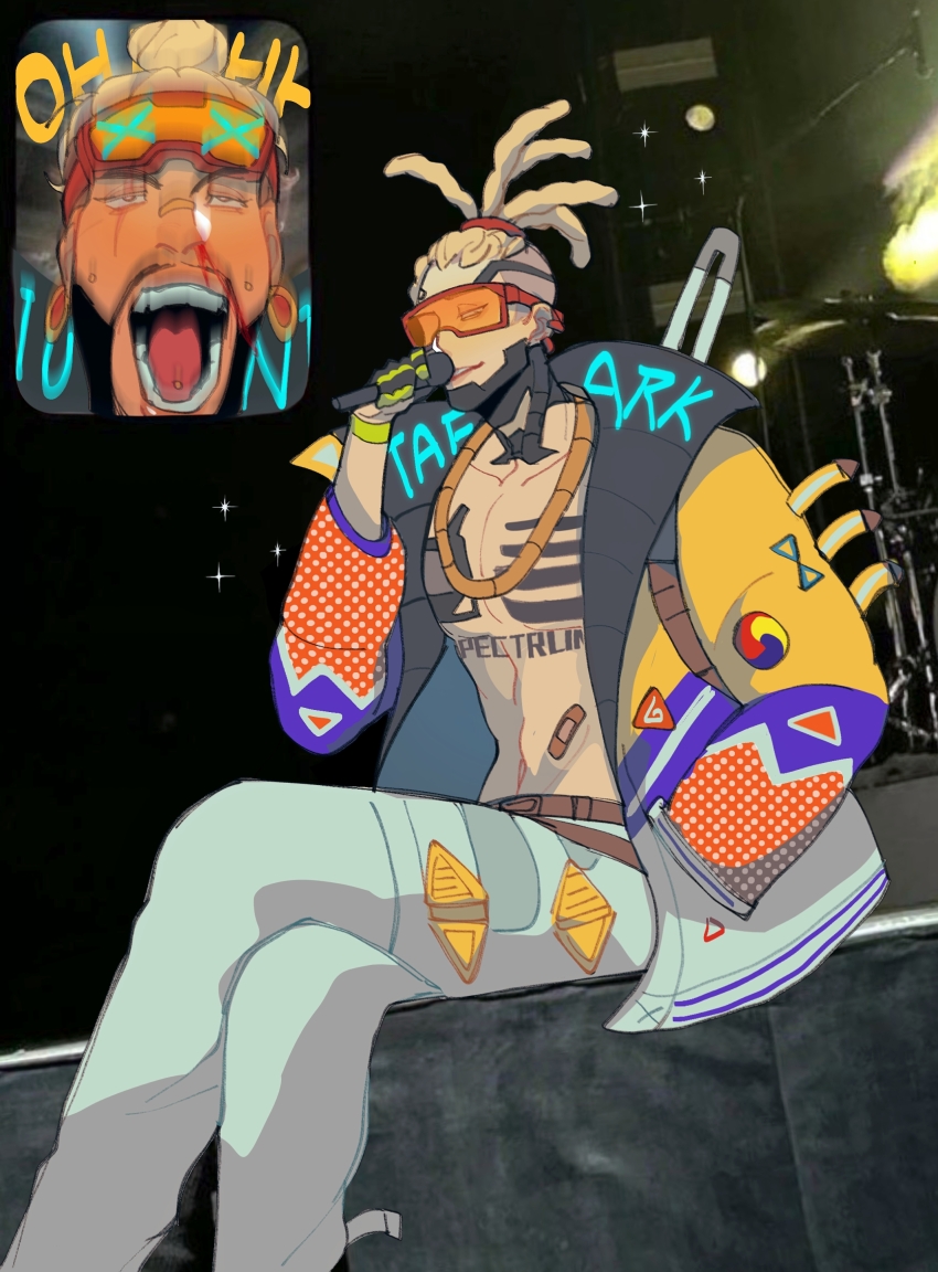 2boys, absurdres, animification, apex_legends, bandaid_on_stomach, bare_pectorals, belt, blonde_hair, blood, brown_belt, chain, collarbone, cornrows, crossed_legs, crypto_(apex_legends), facial_hair, fan_screaming_at_madison_beer_(meme), gao_(lesegeng), goatee, goggles, goggles_on_head, gold_chain, hand_in_pocket, highres, hype_beast_crypto, lit_witt_mirage, looking_at_viewer, male_focus, meme, mirage_(apex_legends), motion_blur, multiple_boys, navel, nosebleed, official_alternate_costume, open_mouth, orange-tinted_eyewear, pants, pectorals, sitting, smile, sunglasses, tinted_eyewear, v-shaped_eyebrows, white_pants, yaoi