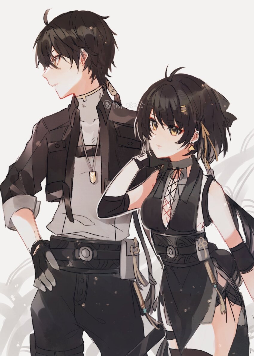 1boy, 1girl, bare_shoulders, black_dress, black_gloves, black_hair, breasts, colored_inner_hair