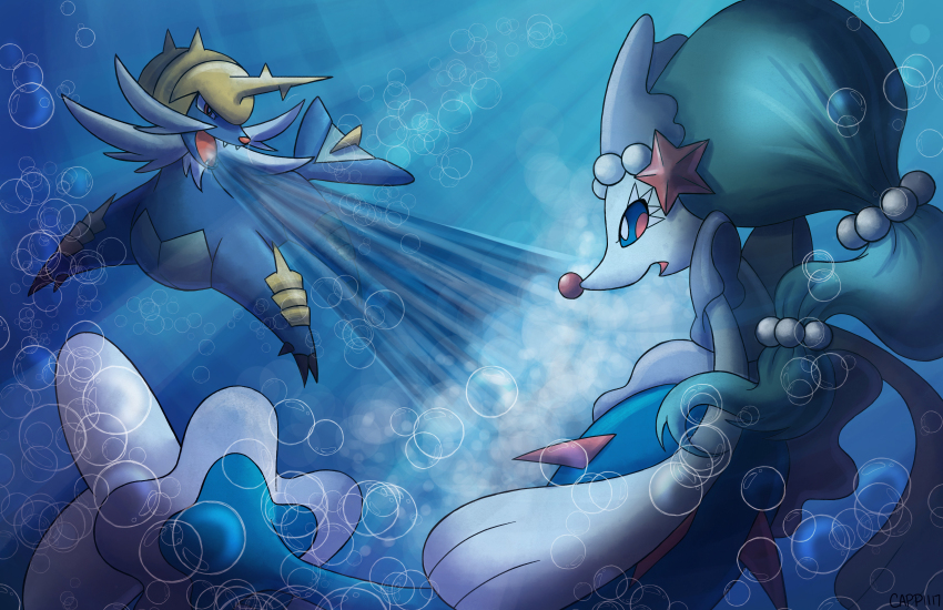 absurdres, battle, blue_eyes, blue_hair, bubble, captainpiika, eyelashes, gem