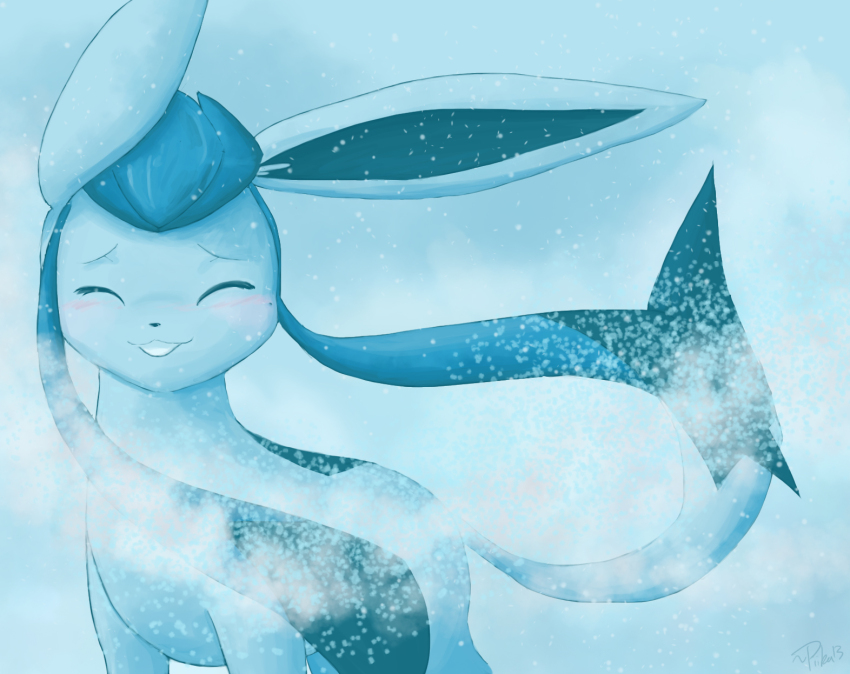 animal_focus, blue_hair, blush, captainpiika, closed_eyes, gen_4_pokemon, glaceon, highres
