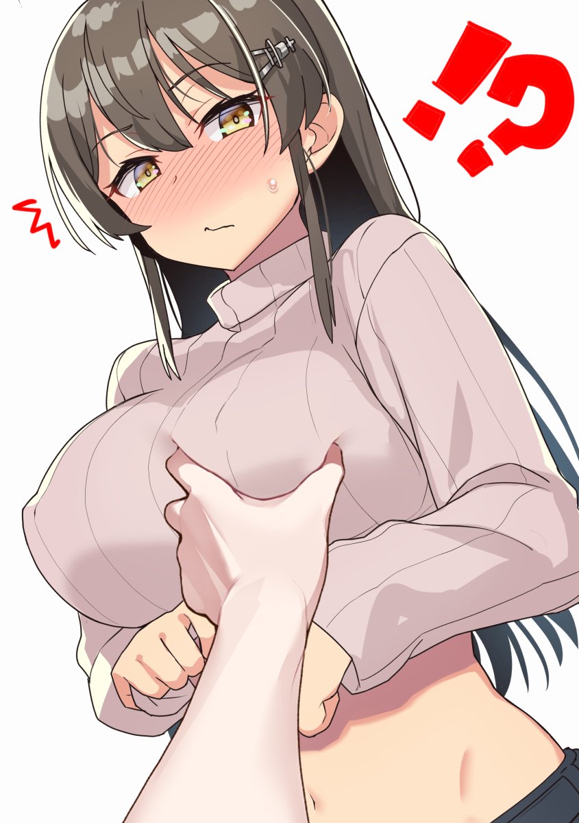 1girl, 1other, arm_focus, black_hair, blush, breasts, grabbing_another's_breast, groping