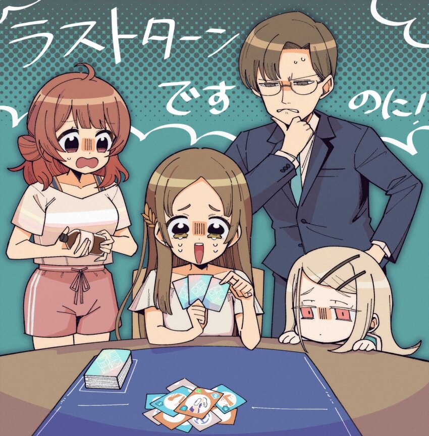 1boy, 3girls, blonde_hair, blue_necktie, blue_suit, bottle, brown_eyes, brown_hair