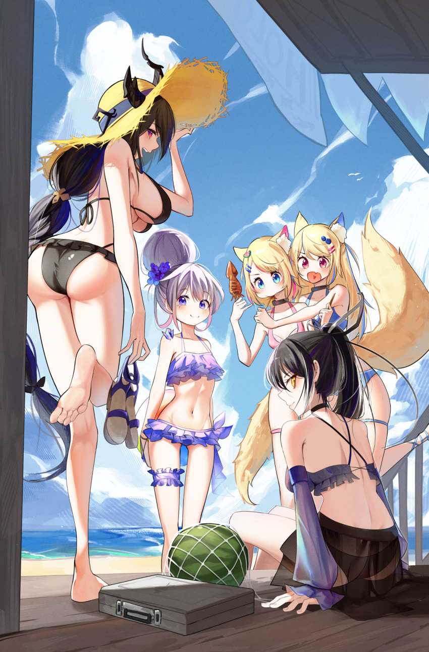 5girls, alternate_hairstyle, animal_ears, ass, beach, bikini, black_hair, blonde_hair