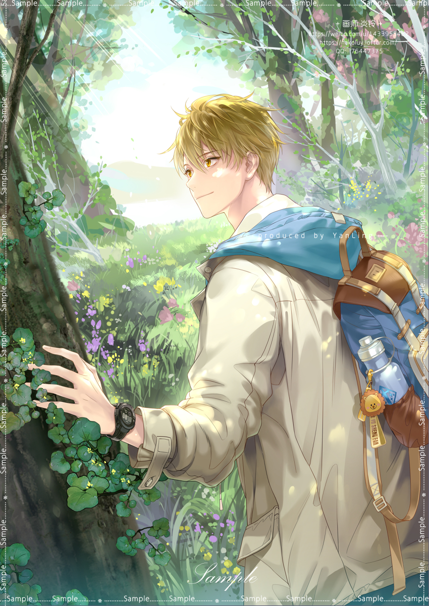 1boy, absurdres, backpack, bag, bishounen, blonde_hair, blue_bag, blue_hood