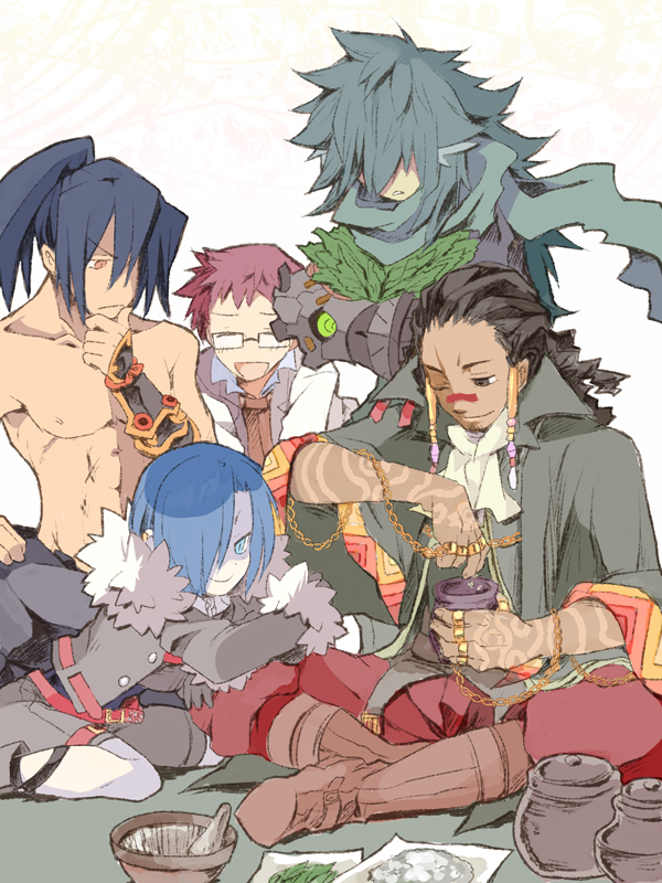 5boys, alchemist_(sekaiju), alchemist_1_(sekaiju), bushidou_(sekaiju), bushidou_1_(sekaiju), dark-skinned_male, dark_hunter, dark_hunter_(sekaiju)