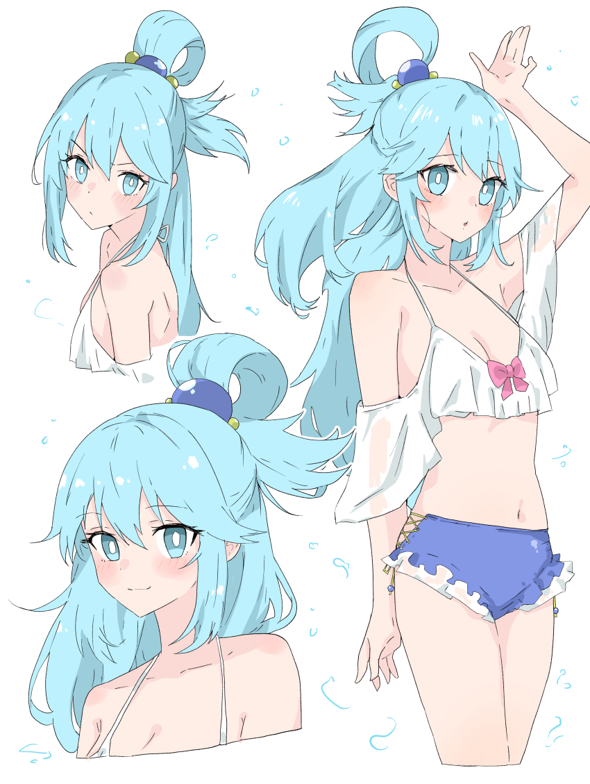 absurdres, aqua_(konosuba), arm_up, bikini, blue_bikini, blue_eyes, blue_hair, bow