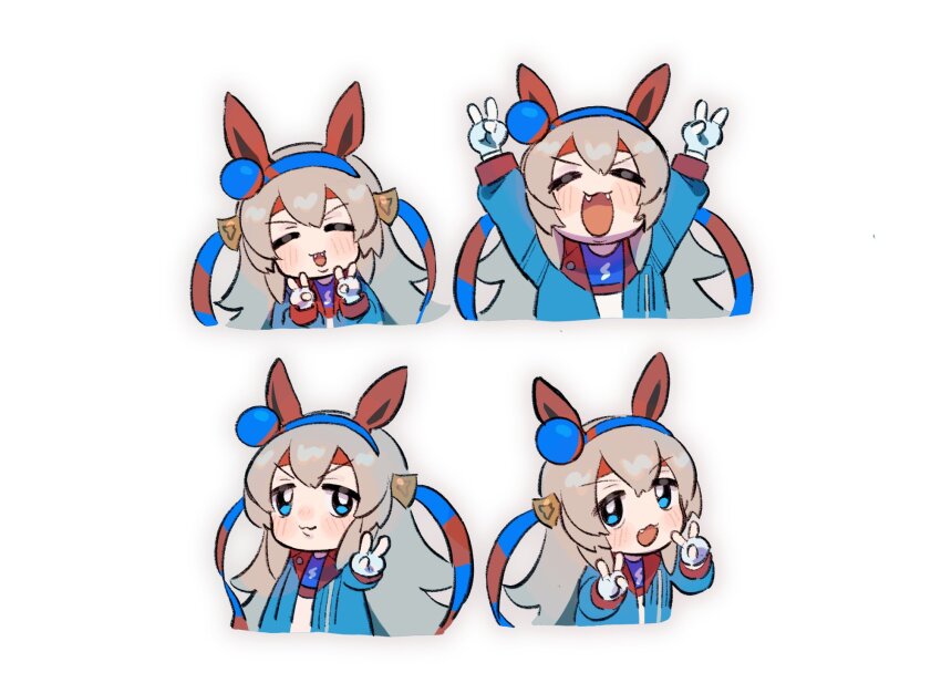 1girl, =_=, animal_ears, arms_up, blue_eyes, blue_jacket, blue_shirt, blush