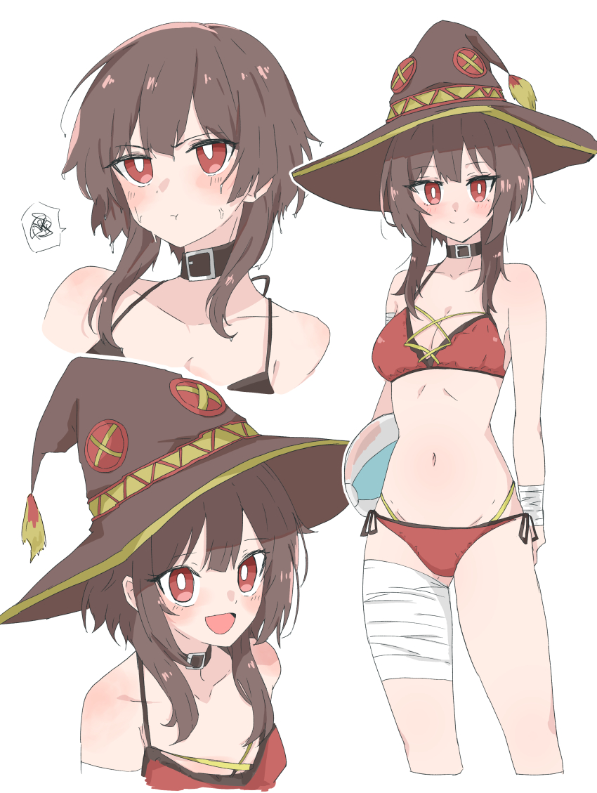 1girl, :d, absurdres, ball, bandaged_leg, bandages, beachball, belt_collar, bikini, black_choker, blush, breasts, bright_pupils, brown_hair, brown_hat, choker, collar, collarbone, commentary_request, cropped_legs, hat, highleg, highleg_bikini, highres, holding, holding_ball, holding_beachball, kono_subarashii_sekai_ni_shukufuku_wo!, looking_at_viewer, megumin, monmon_(monmon_k18), multiple_views, navel, open_mouth, paid_reward_available, pout, red_bikini, red_eyes, short_hair_with_long_locks, side-tie_bikini_bottom, small_breasts, smile, speech_bubble, standing, swimsuit, wet, wet_hair, white_pupils, witch_hat