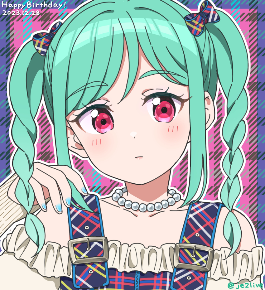 1girl, aqua_hair, bead_necklace, beads, blue_nails, blush, bow, braid