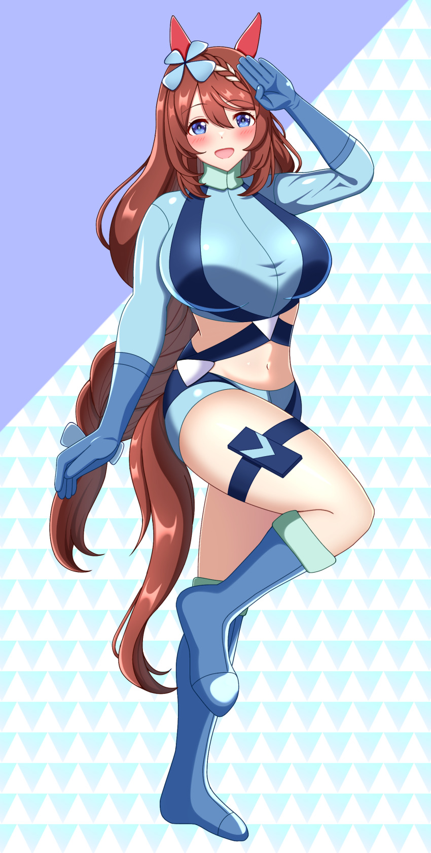 1girl, :d, absurdres, amadeus_(amadeus08462844), animal_ears, arm_up, belt, blue_background