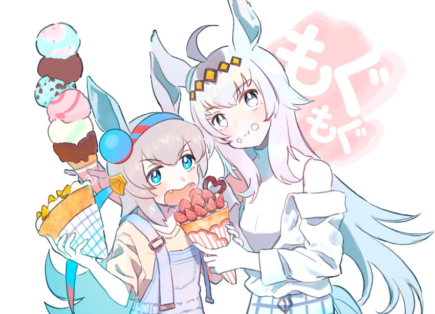 2girls, :t, ahoge, alternate_costume, animal_ears, bare_shoulders, blue_eyes, breasts