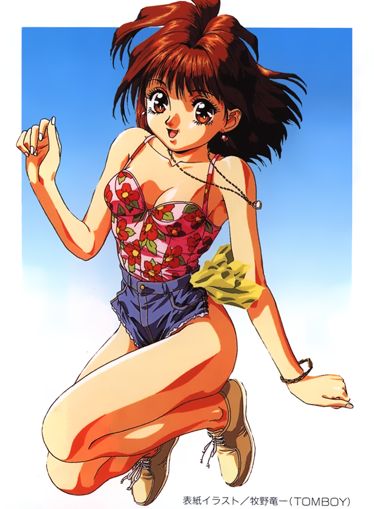 1990s_(style), 1girl, bracelet, breasts, brown_eyes, brown_footwear, brown_hair, cleavage, denim, denim_shorts, earrings, floral_print, jewelry, looking_at_viewer, medium_hair, micro_shorts, necklace, no_socks, non-web_source, open_mouth, original, pasocom_paradise, retro_artstyle, shorts, small_breasts, solo, spaghetti_strap