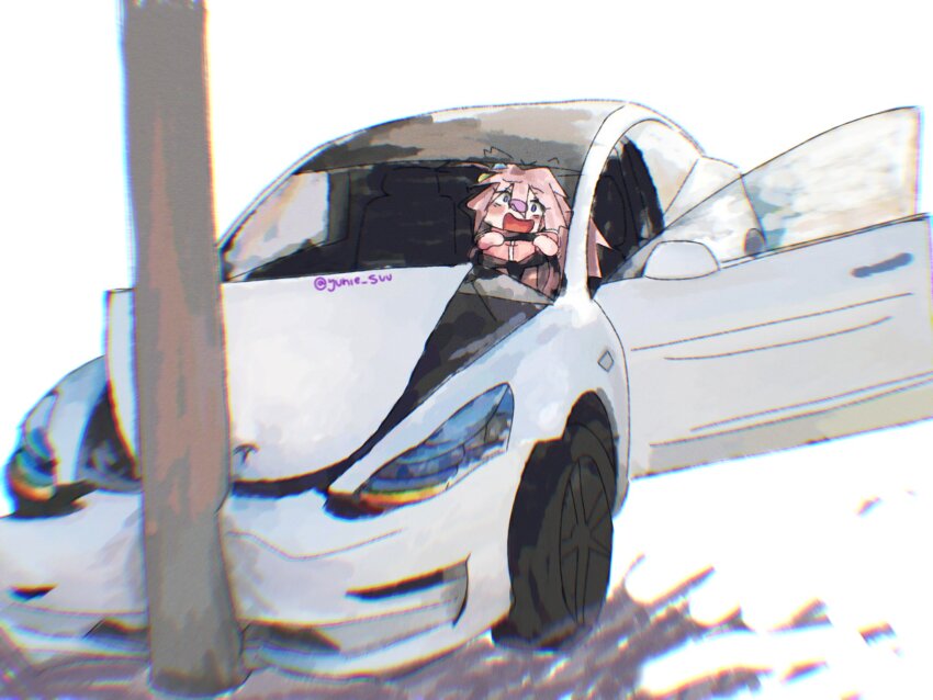 1girl, blue_eyes, bocchi_the_rock!, car, car_crash, commentary, cube_hair_ornament, driving, english_commentary, gotoh_hitori, hair_ornament, highres, long_hair, motor_vehicle, open_mouth, pink_hair, simple_background, solo, steering_wheel, tesla_(company), tesla_model_3, twitter_username, watermark, white_background, yunie_suu