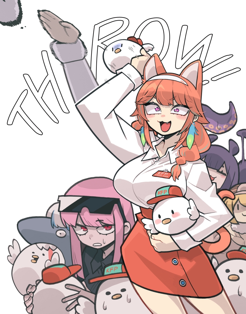 5girls, :3, :d, absurdres, alternate_costume, animal_ears, biting, blonde_hair, blush, braid, breasts, cat_ears, cat_tail, closed_eyes, cocomayo29_(tomato), commentary_request, constricted_pupils, eyewear_on_head, fang, gawr_gura_(shark), hairband, head_biting, highres, hololive, hololive_english, holomyth, kfp_employee_(takanashi_kiara), large_breasts, long_hair, long_sleeves, mori_calliope, multiple_girls, ninomae_ina'nis, open_mouth, orange_hair, orange_skirt, pink_hair, purple_eyes, purple_hair, red_eyes, shirt, simple_background, skirt, smile, smol_ame, standing, sunglasses, tail, takanashi_kiara, tentacles, throwing, twin_braids, virtual_youtuber, watson_amelia, white_background, white_hairband, white_shirt, |_|