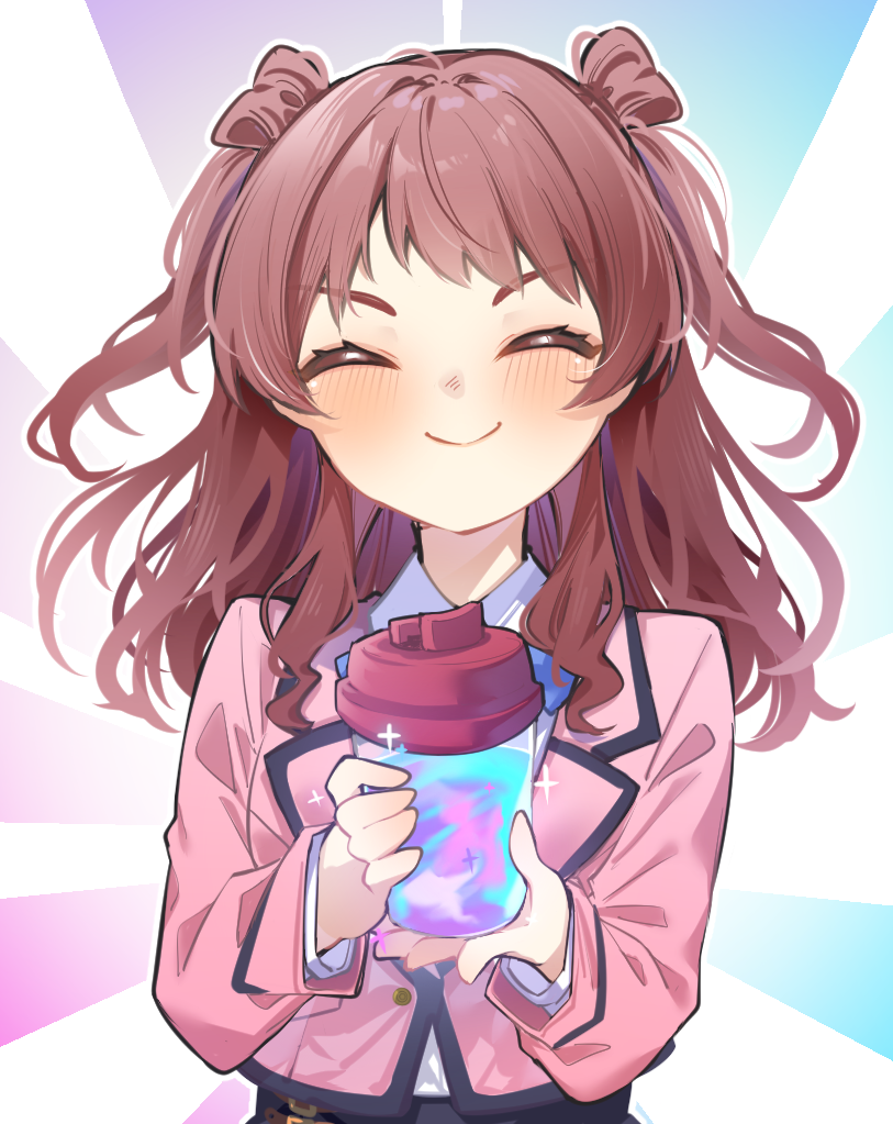 1girl, ^_^, blush, bottle, brown_hair, brown_jacket, closed_eyes, cropped_jacket