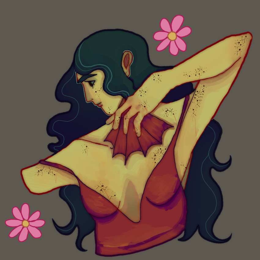 1girl, black_hair, breasts, camisole, cleavage, commentary, english_commentary, freckles