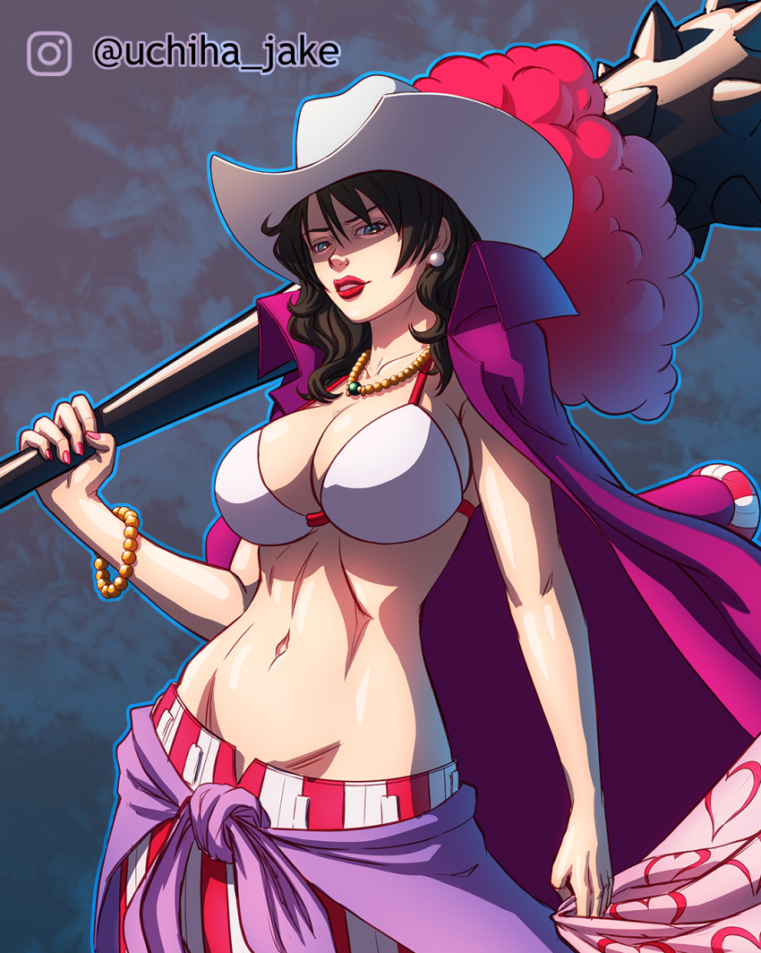 1girl, alvida_(one_piece), artist_name, bikini, bikini_top_only, black_hair, blue_eyes, breasts