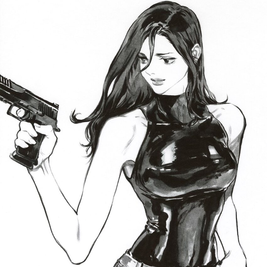 1girl, bare_shoulders, breasts, commentary, finger_on_trigger, greyscale, gun, handgun