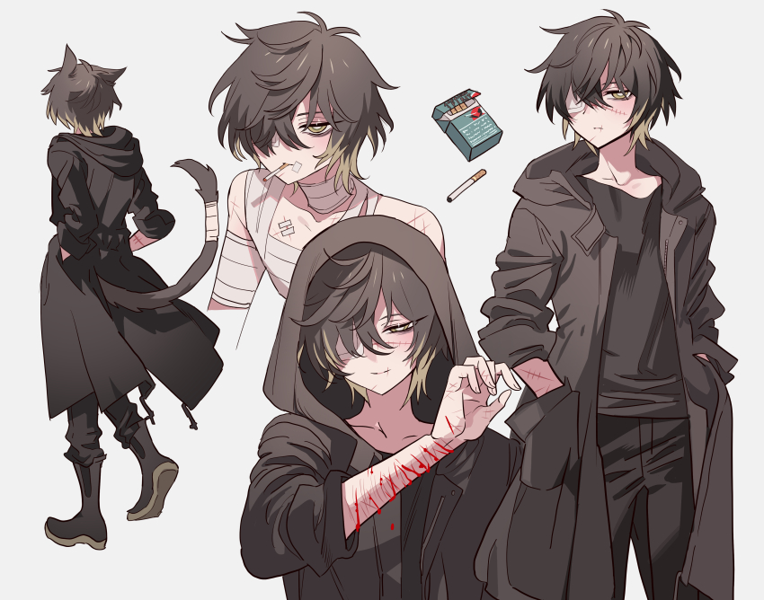 1boy, absurdres, animal_ears, bad_id, bad_pixiv_id, bandaged_neck, bandaged_tail, bandaged_torso