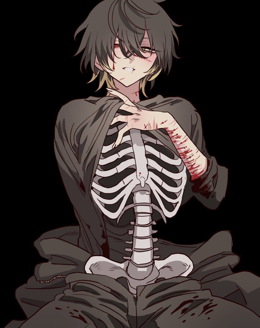 1boy, bad_id, bad_pixiv_id, black_background, black_hair, black_pants, black_shirt, bleeding