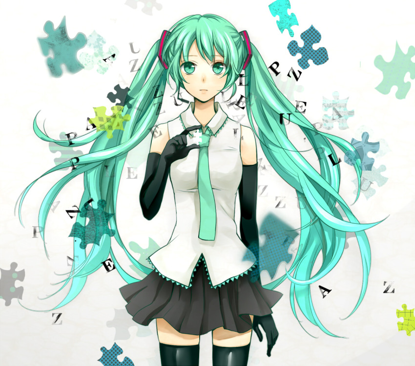 1girl, aqua_eyes, aqua_hair, bad_id, bad_pixiv_id, bare_shoulders, elbow_gloves, expressionless, female_focus, floating_hair, gloves, green_eyes, green_hair, hatsune_miku, matching_hair/eyes, necktie, puzzle_(vocaloid), puzzle_piece, solo, square-end_necktie, thighhighs, twintails, vocaloid, yunco, yuzuki_kihiro, zettai_ryouiki