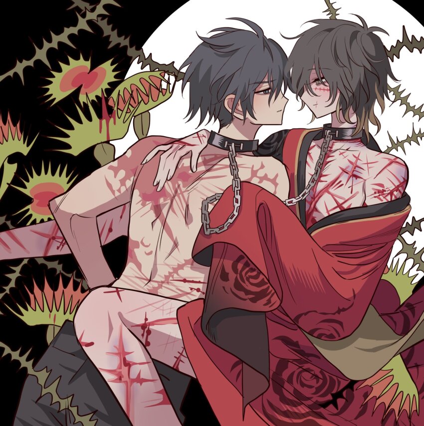 2boys, bad_id, bad_pixiv_id, black_collar, black_hair, bleeding, blonde_hair, blood