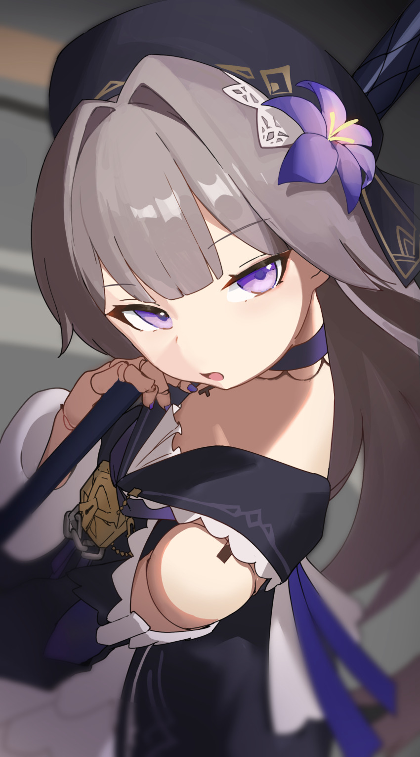 beret, blurry, brown_hair, choker, depth_of_field, detached_sleeves, doll_joints, flower