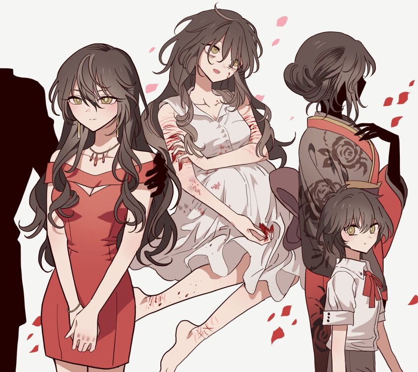 1boy, 1girl, aged_down, bad_id, bad_pixiv_id, bags_under_eyes, barefoot, bleeding, blood, blood_on_hands, breasts, cleavage_cutout, closed_mouth, clothing_cutout, collared_shirt, dress, earrings, floral_print, floral_print_kimono, hair_between_eyes, hand_on_another's_shoulder, hand_on_own_arm, hand_up, highres, jewelry, long_hair, maya_(slow_damage), medium_breasts, meremero, neck_ribbon, necklace, own_hands_together, petals, pregnant, print_kimono, profile, red_dress, red_ribbon, ribbon, rose_petals, scar, scar_on_arm, shirt, silhouette, sitting, slow_damage, standing, towa_(slow_damage), v_arms, very_long_hair, white_dress, white_shirt
