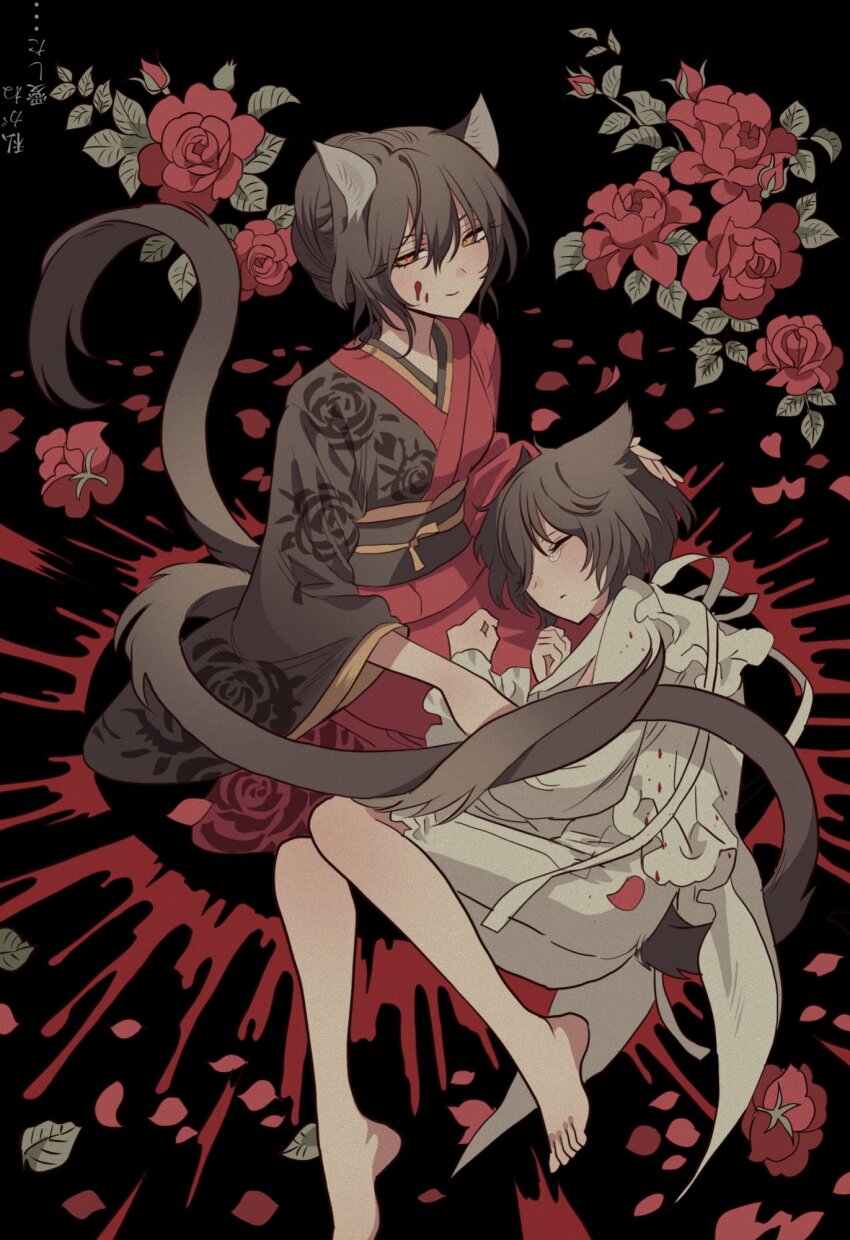 1boy, 1girl, animal_ears, bad_id, bad_pixiv_id, blood, blood_on_face, blood_splatter