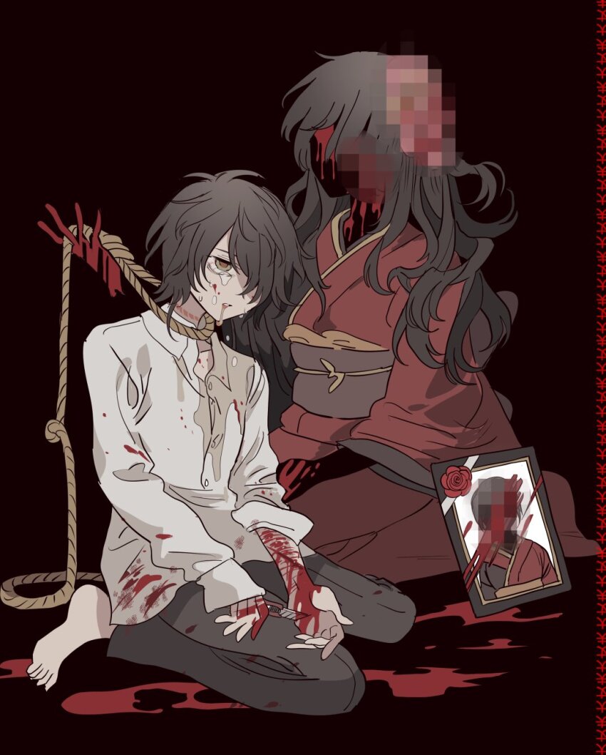 1boy, 1girl, bad_id, bad_pixiv_id, barefoot, black_background, black_hair, black_pants, bleeding, blood, blood_on_clothes, bloodshot_eyes, boxcutter, censored, collared_shirt, crying, crying_with_eyes_open, cuts, faceless, faceless_female, full_body, hair_over_one_eye, highres, holding, holding_boxcutter, holding_rope, iei, injury, japanese_clothes, kimono, long_hair, long_sleeves, maya_(slow_damage), meremero, mosaic_censoring, mother_and_child, mother_and_son, noose, pants, parent_and_child, parted_lips, red_kimono, rope, rope_around_neck, rope_marks, scar, self-harm, self-harm_scar, shirt, short_hair, sitting, slow_damage, stained_clothes, tears, towa_(slow_damage), vomit, white_shirt, wrist_cutting, yellow_eyes