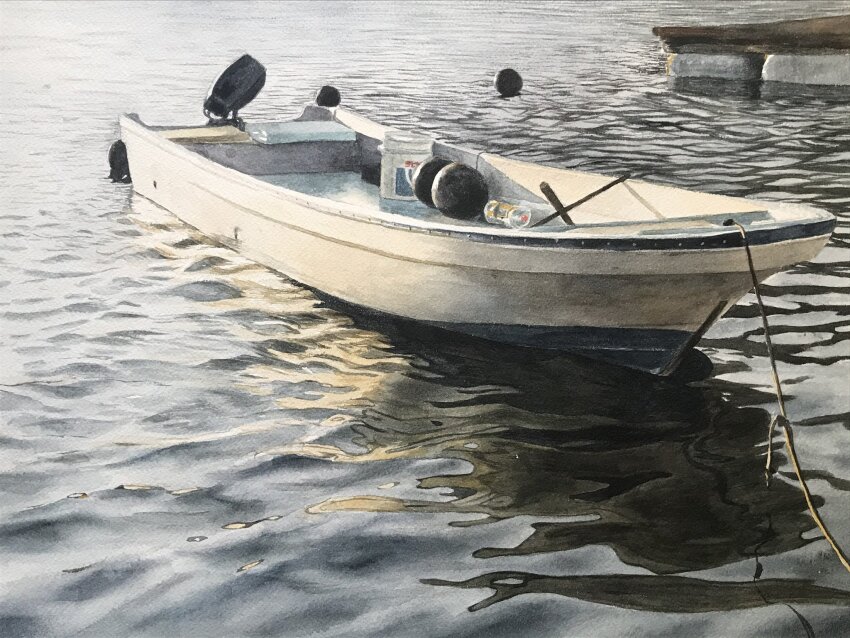 boat, bucket, eyvzi172xqdkvs7, highres, lake, motor_vehicle, mountain, mountainous_horizon, no_humans, original, painting_(medium), reflection, reflective_liquid, rope, scenery, shore, traditional_media, vehicle_focus, water, watercolor_(medium), watercraft