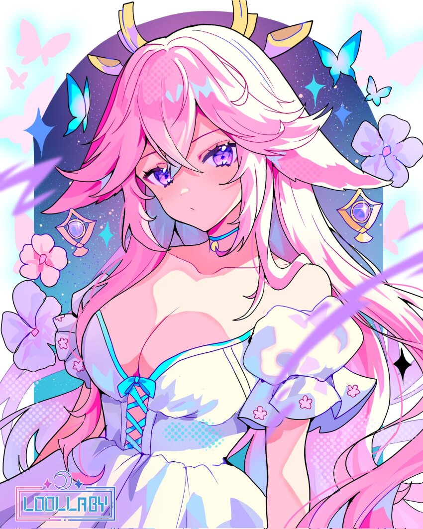1girl, alternate_costume, animal_ears, bare_shoulders, blue_choker, breasts, choker, cleavage, dress, fox_ears, genshin_impact, highres, l00llaby, long_hair, looking_at_viewer, medium_breasts, off-shoulder_dress, off_shoulder, pink_hair, puffy_short_sleeves, puffy_sleeves, purple_eyes, short_sleeves, solo, upper_body, very_long_hair, white_dress, yae_miko