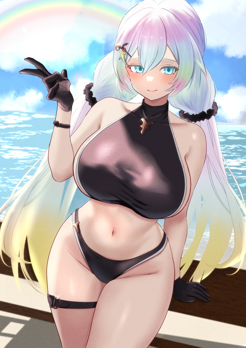 1girl, bare_shoulders, belt, bikini, black_bikini, black_gloves, blue_sky, breasts, closed_mouth, cloud, commentary_request, cupitan_(granblue_fantasy), cupitan_(summer)_(granblue_fantasy), curvy, gloves, gradient_hair, granblue_fantasy, hair_between_eyes, highres, hilda_sakura, huge_breasts, large_breasts, long_hair, looking_at_viewer, low_twintails, multicolored_hair, navel, ocean, rainbow, rainbow_hair, sky, smile, solo, swimsuit, thigh_belt, thigh_strap, twintails, v, very_long_hair, wide_hips