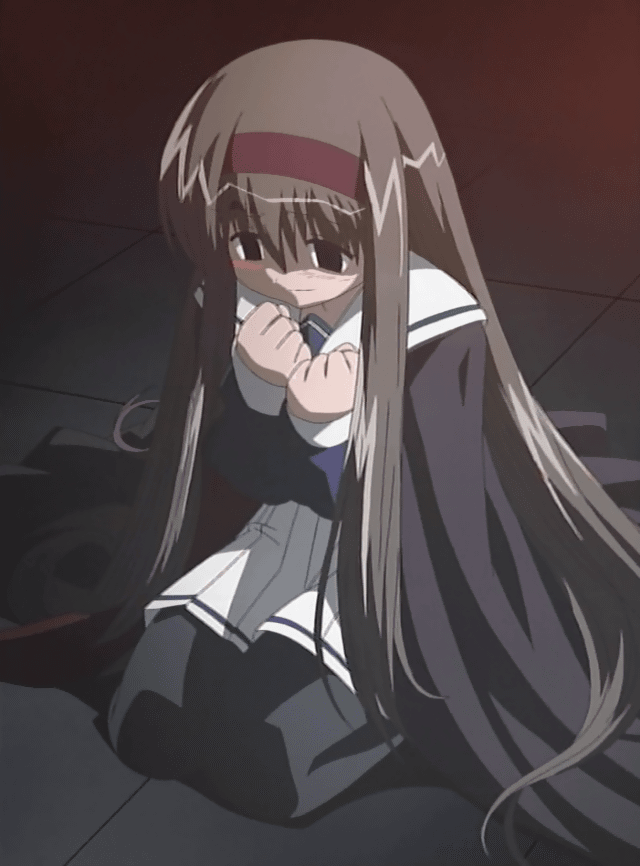 00s, 1girl, animated, animated_gif, anime_screenshot, black_eyes, black_pantyhose, blush, brown_hair, buchou, cape, empty_eyes, female_focus, floor, hairband, kneeling, long_hair, long_sleeves, mahoraba, pantyhose, pleated_skirt, school_uniform, serafuku, skirt, solo, trembling