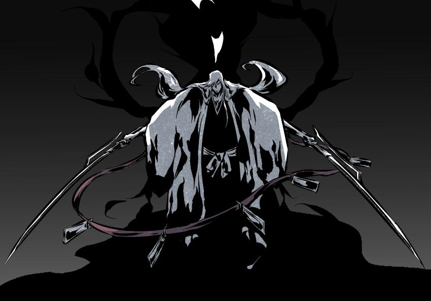1boy, absurdres, black_background, black_kimono, bleach, bleach:_sennen_kessen-hen, commentary, dual_wielding