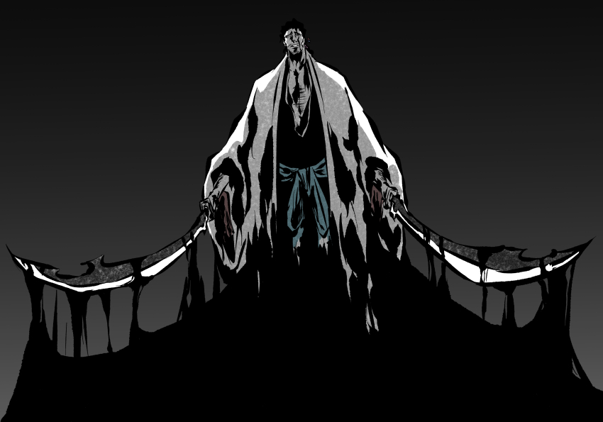 1boy, absurdres, black_background, black_hair, black_kimono, bleach, chest_hair, commentary