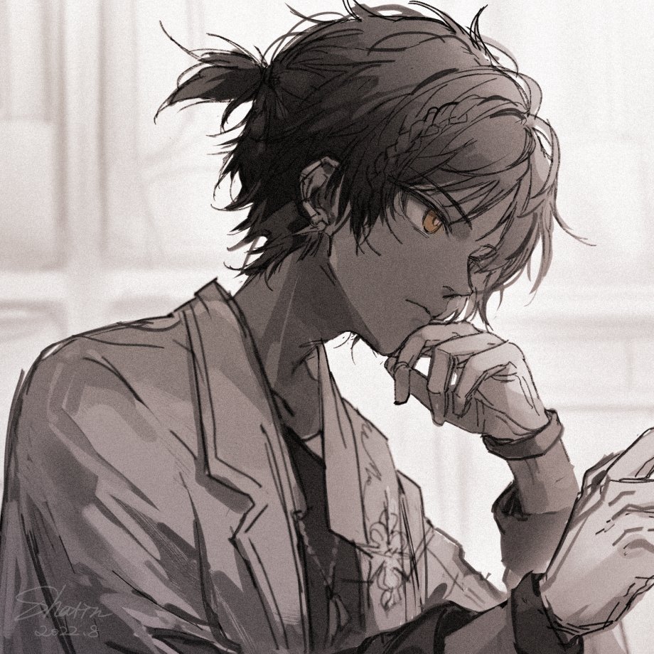 1girl, arknights, black_hair, gloves, monochrome, pomelo_(ice_blue585), ponytail, short_hair