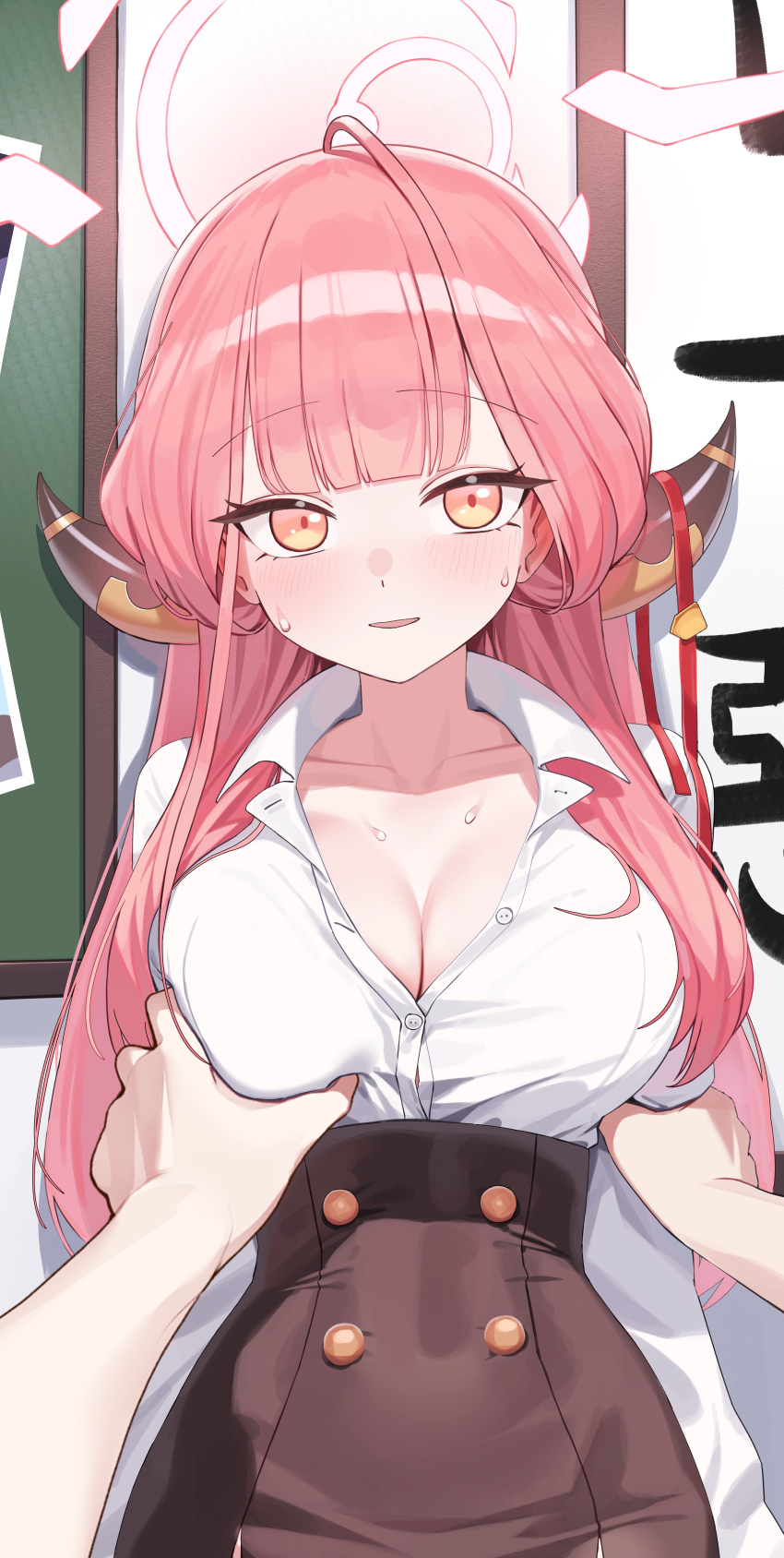 1girl, 1other, absurdres, arm_grab, aru_(blue_archive), black_skirt, blue_archive, blush, breasts, brown_horns, buttons, cleavage, collared_shirt, demon_horns, grabbing_another's_breast, groping, halo, highres, horns, large_breasts, long_hair, long_sleeves, looking_at_viewer, open_mouth, pink_hair, pink_halo, pov_cheek_grabbing_(meme), sgholln, shirt, skirt, solo_focus, white_shirt, yellow_eyes