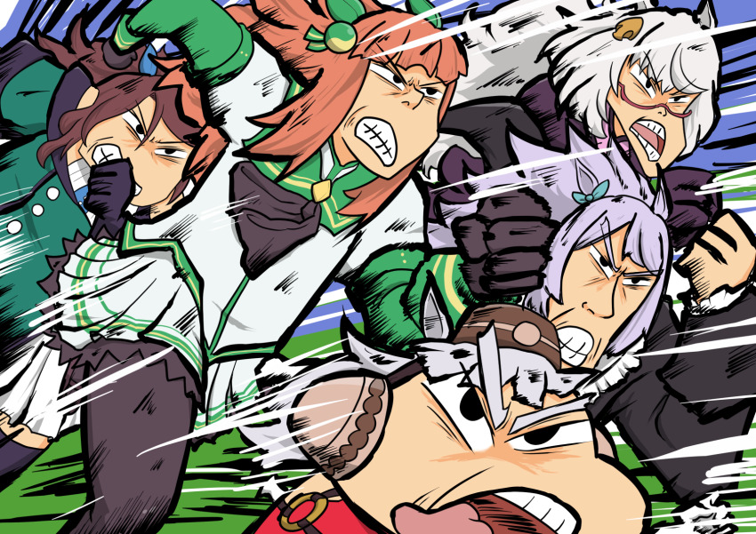 5girls, animal_ears, aqua_bow, biwa_hayahide_(umamusume), black_bow, black_bowtie, black_gloves, black_pantyhose, black_thighhighs, blunt_bangs, bow, bowtie, brown_hair, clenched_teeth, commentary_request, crayon_shin-chan, crayon_shin-chan:_ankoku_tamatama_daitsuiseki, daigorou_(42036928), ear_bow, ear_covers, gloves, gold_ship_(umamusume), grey_hair, hair_ornament, headgear, highres, horse_ears, horse_girl, king_halo_(umamusume), long_hair, long_sleeves, medium_hair, mejiro_mcqueen_(umamusume), motion_lines, multiple_girls, orange_hair, pantyhose, parody, pleated_skirt, purple_hair, racing, red-framed_eyewear, running, scene_reference, semi-rimless_eyewear, sidelocks, silence_suzuka_(innocent_silence)_(umamusume), silence_suzuka_(umamusume), skirt, speed_lines, style_parody, teeth, thighhighs, umamusume, usui_yoshito_(style), v-shaped_eyebrows, v-shaped_eyes, wavy_hair, white_skirt
