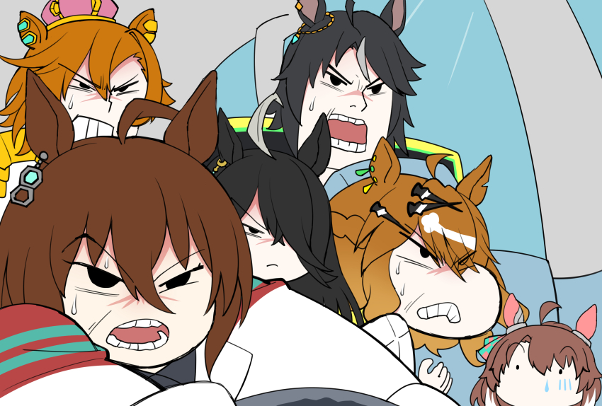 6+girls, absurdres, agnes_tachyon_(umamusume), ahoge, animal_ears, aramori_susumu, black_hair, braid, brown_hair, clenched_teeth, commentary_request, crayon_shin-chan, crayon_shin-chan:_ankoku_tamatama_daitsuiseki, crown, dantsu_flame_(umamusume), ear_covers, earrings, fuji_kiseki_(umamusume), furrowed_brow, grey_hair, hair_between_eyes, hair_ornament, hair_over_one_eye, hairclip, half_up_braid, highres, horse_ears, horse_girl, jewelry, jungle_pocket_(umamusume), long_bangs, long_hair, long_sleeves, manhattan_cafe_(umamusume), medium_hair, mini_crown, multicolored_hair, multiple_girls, notched_ear, parody, pink_crown, scene_reference, short_hair, single_earring, style_parody, sweatdrop, swept_bangs, t.m._opera_o_(umamusume), teeth, two-tone_hair, umamusume, umamusume:_beginning_of_a_new_era, usui_yoshito_(style), v-shaped_eyebrows, v-shaped_eyes, white_hair