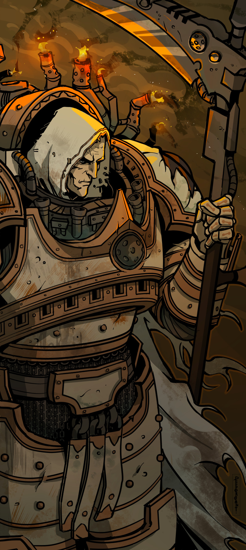 1boy, absurdres, annoyed, armor, breastplate, chain, chainmail, closed_mouth